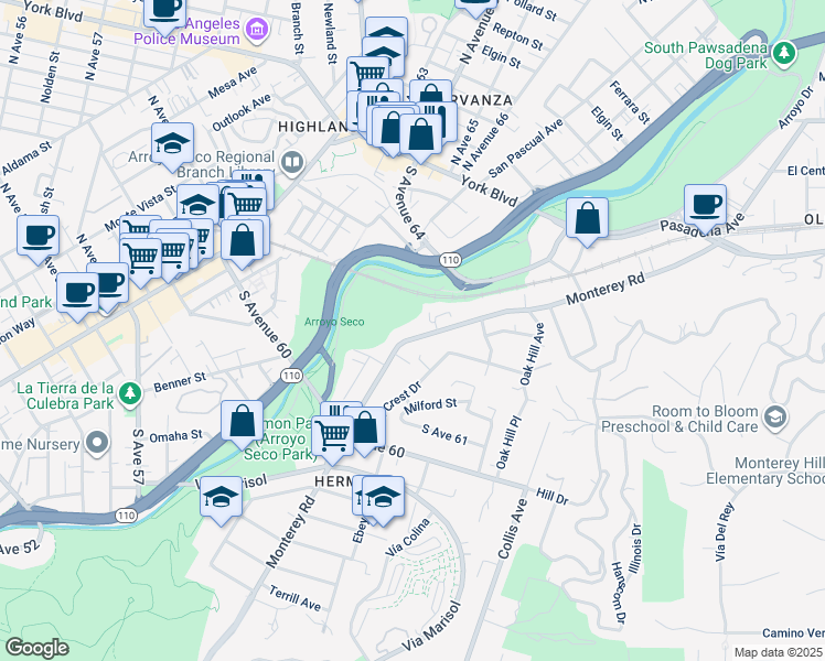 map of restaurants, bars, coffee shops, grocery stores, and more near 6311 Monterey Road in Los Angeles