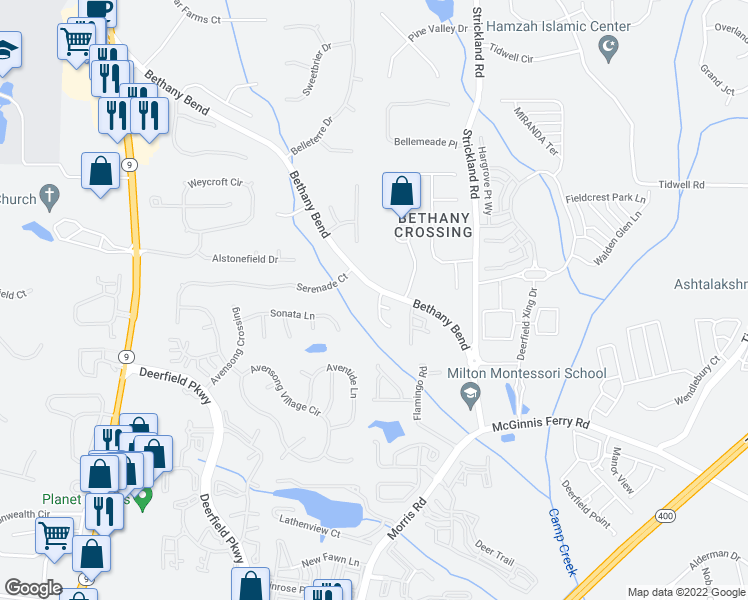 map of restaurants, bars, coffee shops, grocery stores, and more near 145 Galecrest Drive in Alpharetta