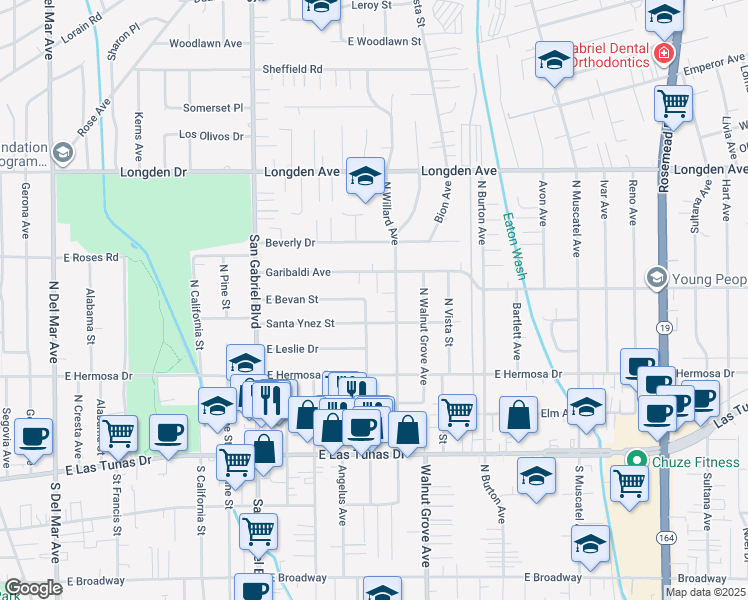 map of restaurants, bars, coffee shops, grocery stores, and more near 6026 North Del Loma Avenue in San Gabriel