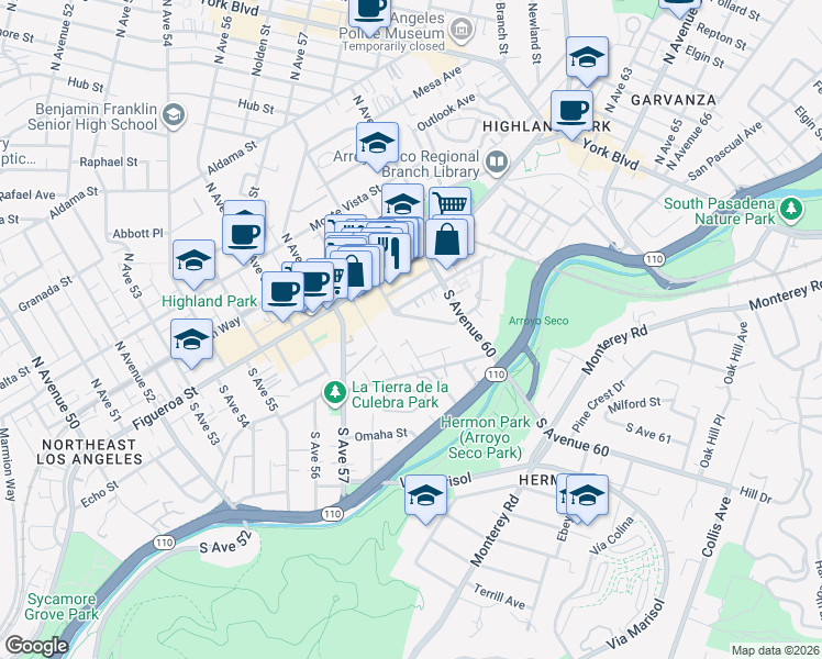 map of restaurants, bars, coffee shops, grocery stores, and more near 209 South Avenue 59 in Los Angeles