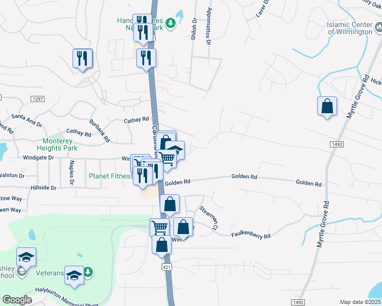 map of restaurants, bars, coffee shops, grocery stores, and more near 4044 Winds Ridge Drive in Wilmington