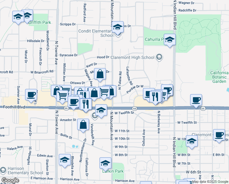 map of restaurants, bars, coffee shops, grocery stores, and more near 1372 North Mountain Avenue in Claremont