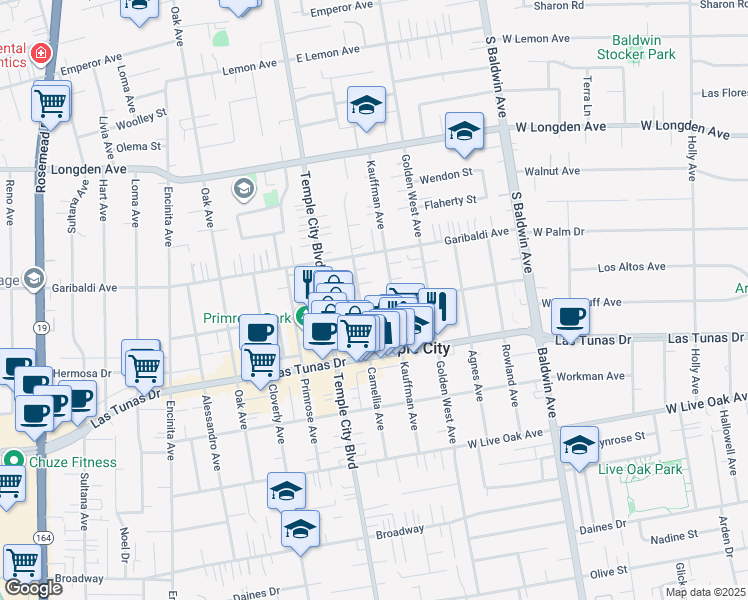 map of restaurants, bars, coffee shops, grocery stores, and more near 9660 Woodruff Avenue in Temple City