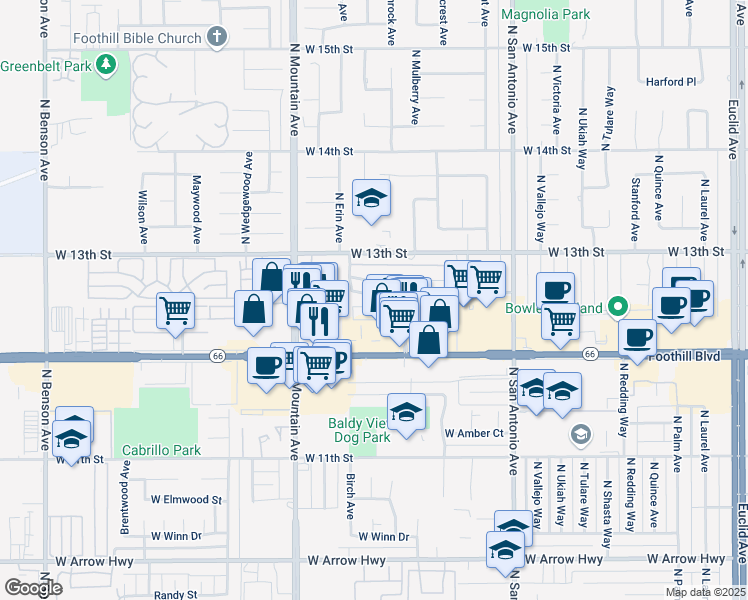 map of restaurants, bars, coffee shops, grocery stores, and more near 1086 Springfield Street in Upland