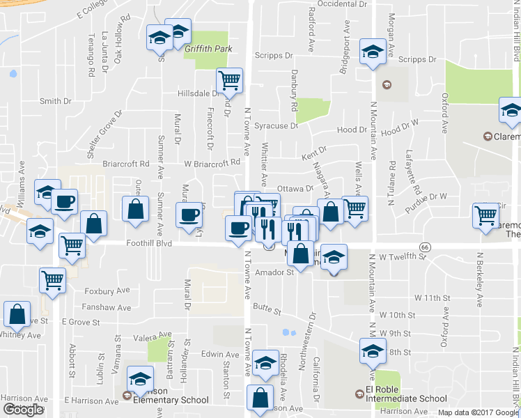 map of restaurants, bars, coffee shops, grocery stores, and more near 1068 Richmond Drive West in Claremont
