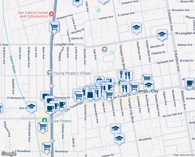 map of restaurants, bars, coffee shops, grocery stores, and more near 6037 Oak Avenue in Temple City