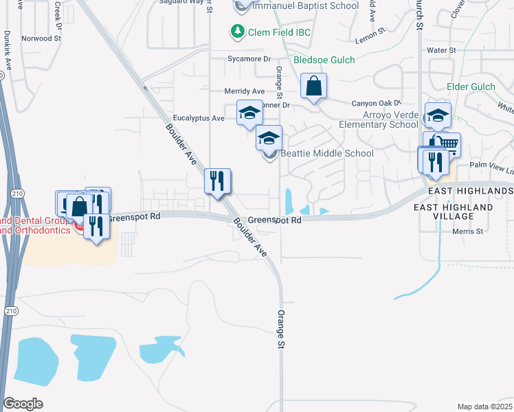 map of restaurants, bars, coffee shops, grocery stores, and more near 28434 Sunflower Street in Highland