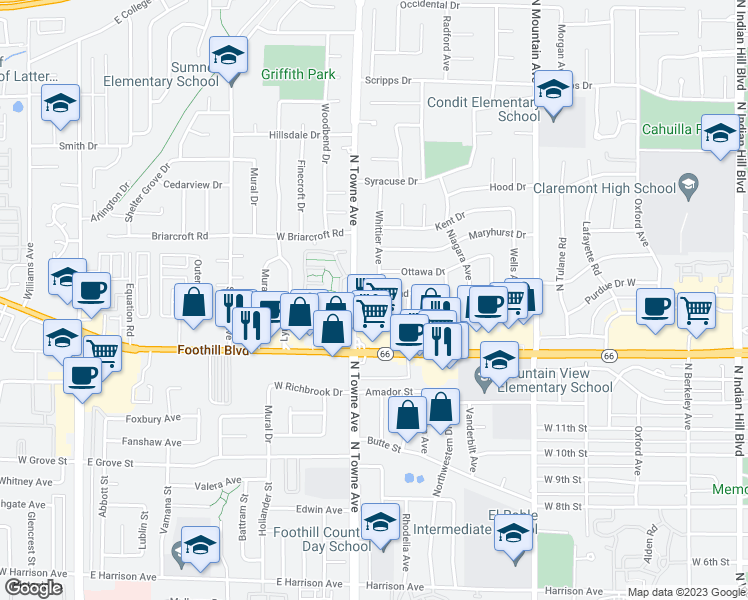 map of restaurants, bars, coffee shops, grocery stores, and more near 1068 Richmond Drive West in Claremont