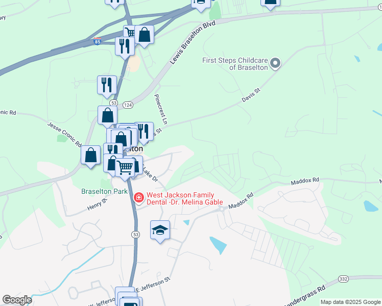map of restaurants, bars, coffee shops, grocery stores, and more near 316 Lakeshore Drive in Braselton