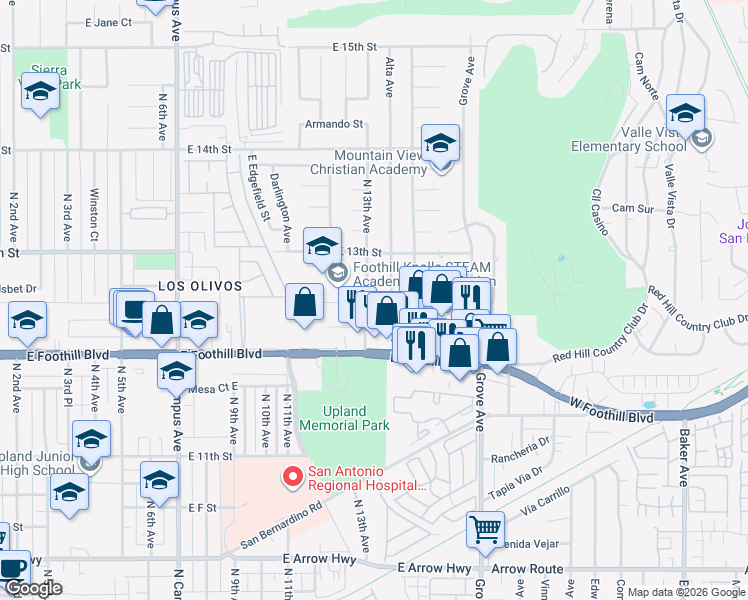 map of restaurants, bars, coffee shops, grocery stores, and more near 1164 North 13th Avenue in Upland