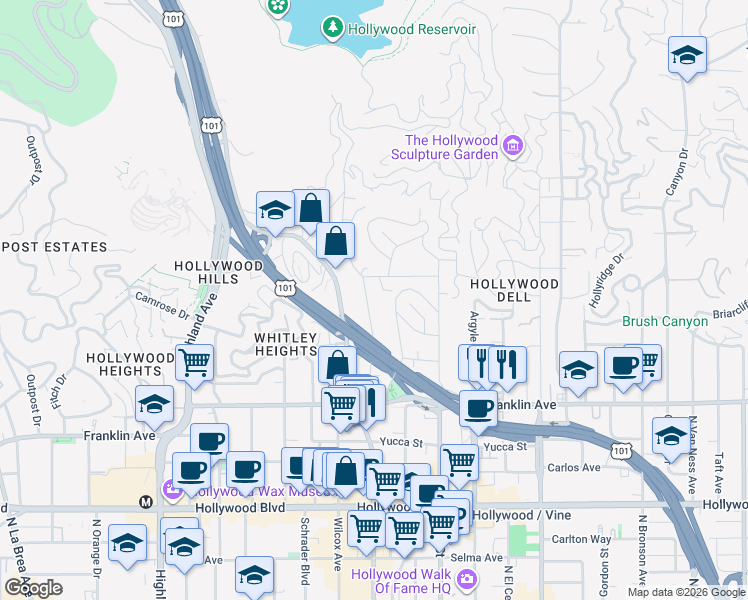 map of restaurants, bars, coffee shops, grocery stores, and more near 2100 Holly Drive in Los Angeles
