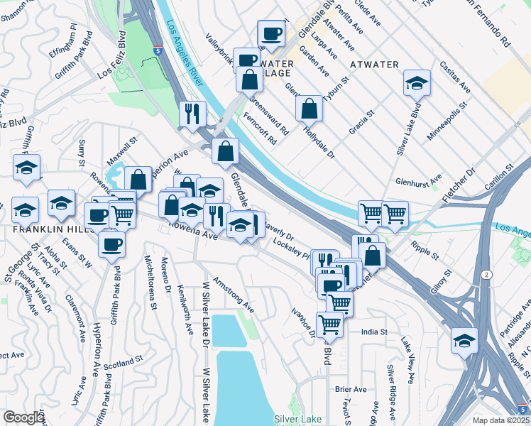 map of restaurants, bars, coffee shops, grocery stores, and more near 2753 Waverly Drive in Los Angeles