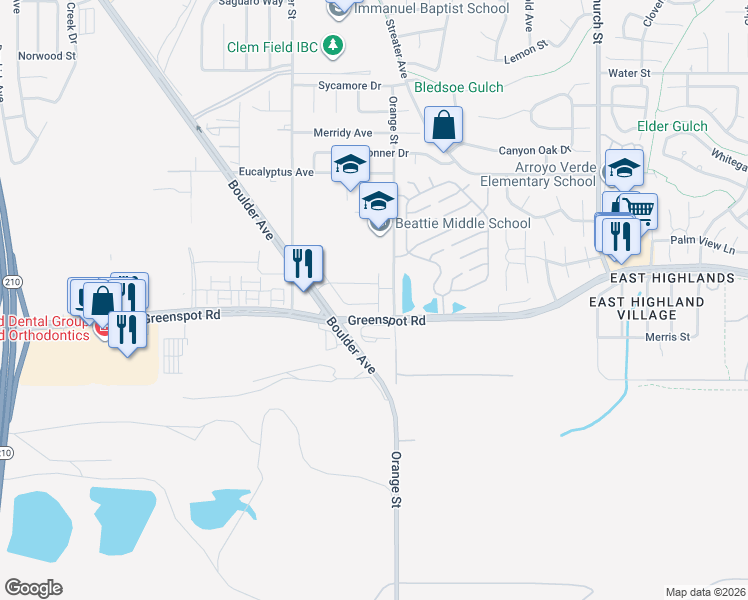 map of restaurants, bars, coffee shops, grocery stores, and more near 7989 Prairie Rose Way in Highland