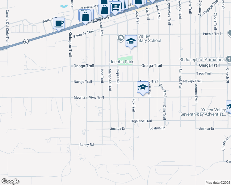 map of restaurants, bars, coffee shops, grocery stores, and more near 7870 Hopi Trail in Yucca Valley