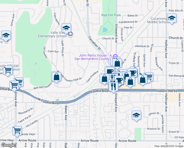 map of restaurants, bars, coffee shops, grocery stores, and more near 7997 Camino Predera in Rancho Cucamonga