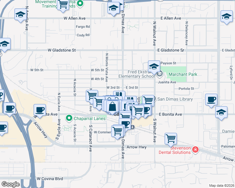 map of restaurants, bars, coffee shops, grocery stores, and more near 130 West 2nd Street in San Dimas