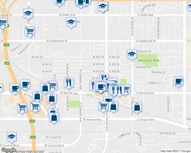 map of restaurants, bars, coffee shops, grocery stores, and more near 130 West 2nd Street in San Dimas