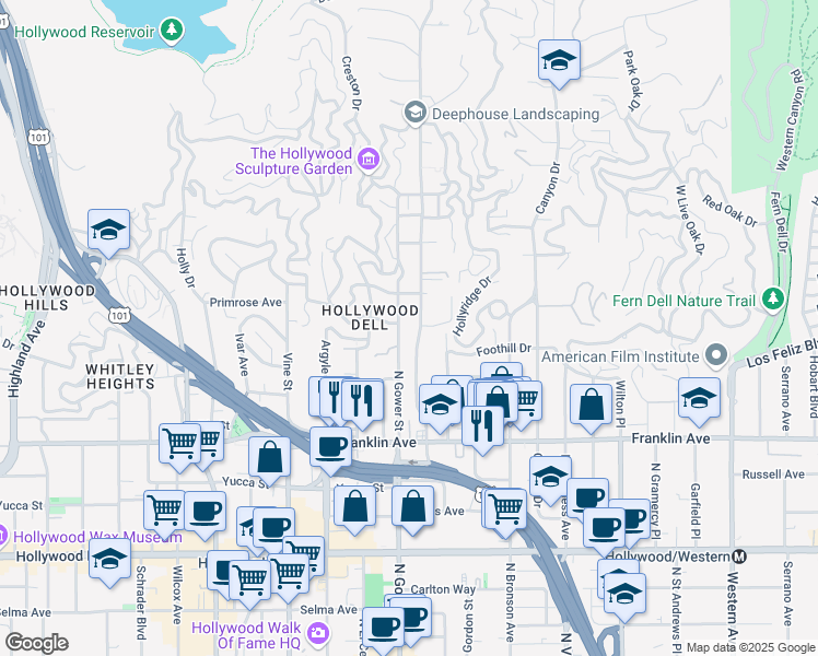 map of restaurants, bars, coffee shops, grocery stores, and more near 2111 North Beachwood Drive in Los Angeles