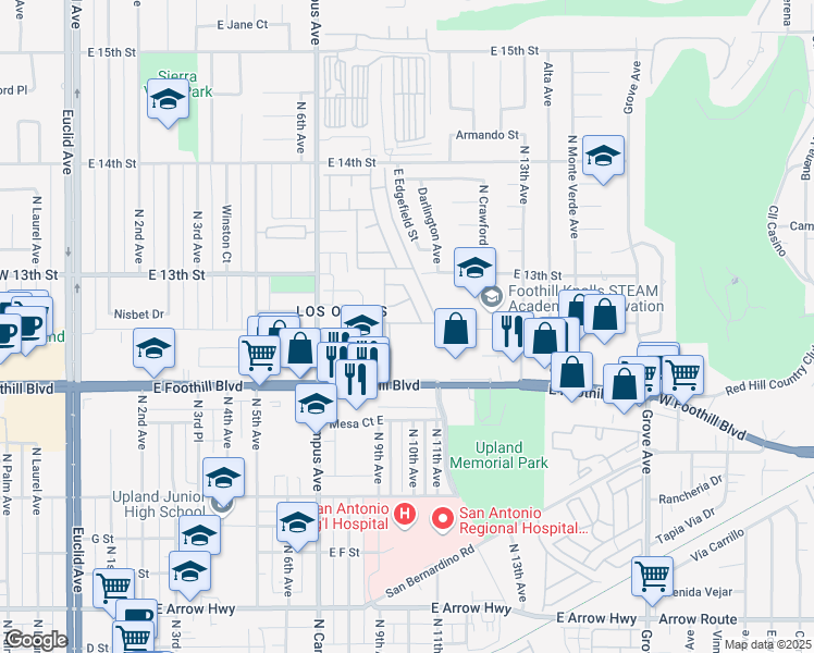 map of restaurants, bars, coffee shops, grocery stores, and more near 929 East Foothill Boulevard in Upland