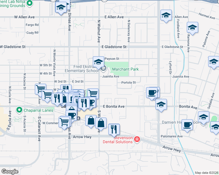 map of restaurants, bars, coffee shops, grocery stores, and more near 330 Moore Lane in San Dimas
