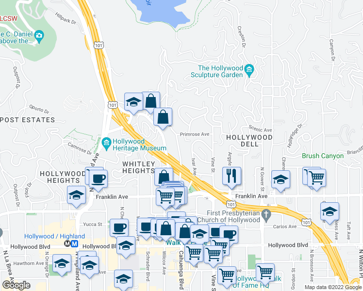 map of restaurants, bars, coffee shops, grocery stores, and more near 2100 Holly Drive in Los Angeles