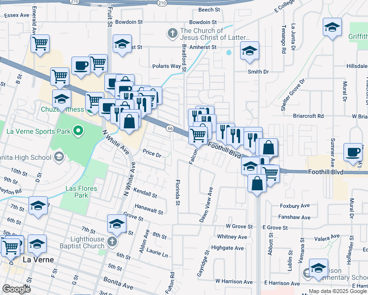 map of restaurants, bars, coffee shops, grocery stores, and more near 450 West Foothill Boulevard in Pomona