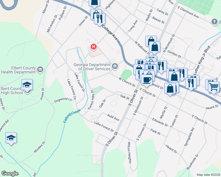 map of restaurants, bars, coffee shops, grocery stores, and more near 48 Oak Street in Elberton