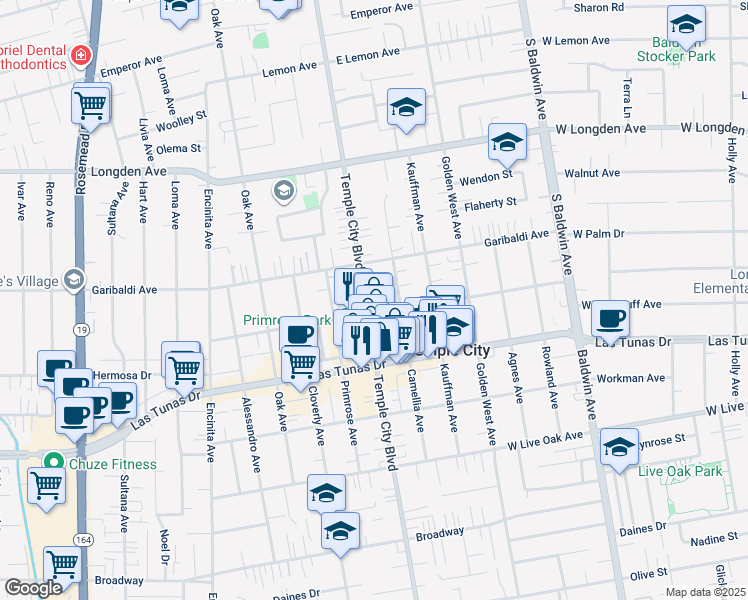 map of restaurants, bars, coffee shops, grocery stores, and more near 6012 Temple City Boulevard in Temple City