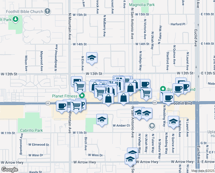 map of restaurants, bars, coffee shops, grocery stores, and more near 961 Springfield Street in Upland