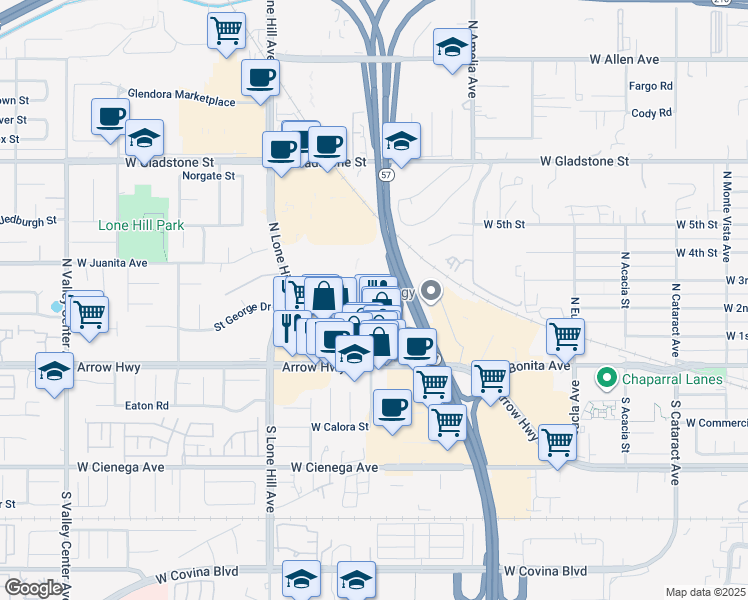 map of restaurants, bars, coffee shops, grocery stores, and more near 924 Overland Court in San Dimas