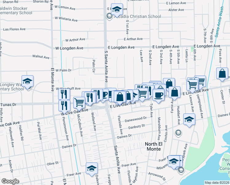 map of restaurants, bars, coffee shops, grocery stores, and more near 2601 Louise Avenue in Arcadia