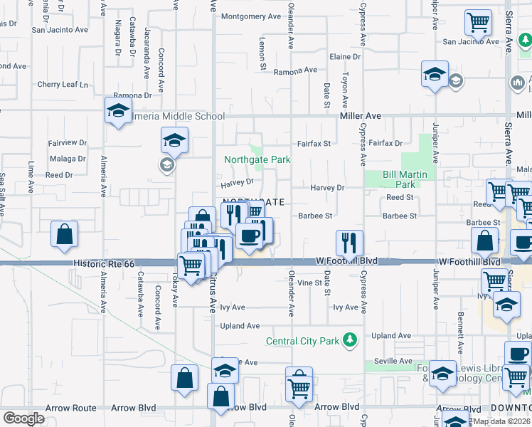 map of restaurants, bars, coffee shops, grocery stores, and more near 16261 Barbee Street in Fontana