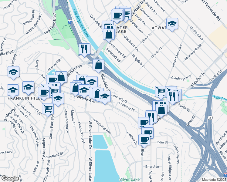 map of restaurants, bars, coffee shops, grocery stores, and more near 2753 Waverly Drive in Los Angeles
