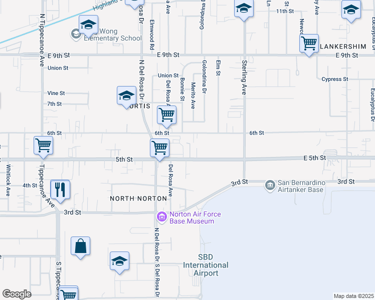 map of restaurants, bars, coffee shops, grocery stores, and more near 8025 Shirley Avenue in San Bernardino