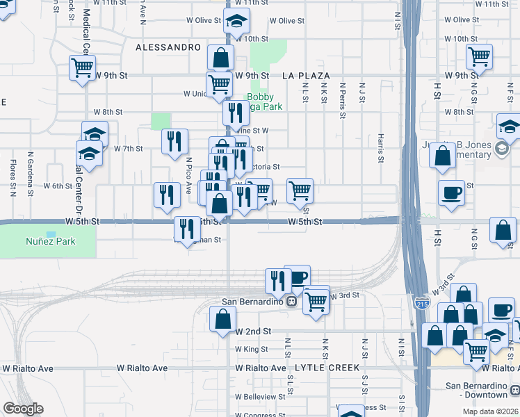 map of restaurants, bars, coffee shops, grocery stores, and more near 1246 West 5th Street in San Bernardino