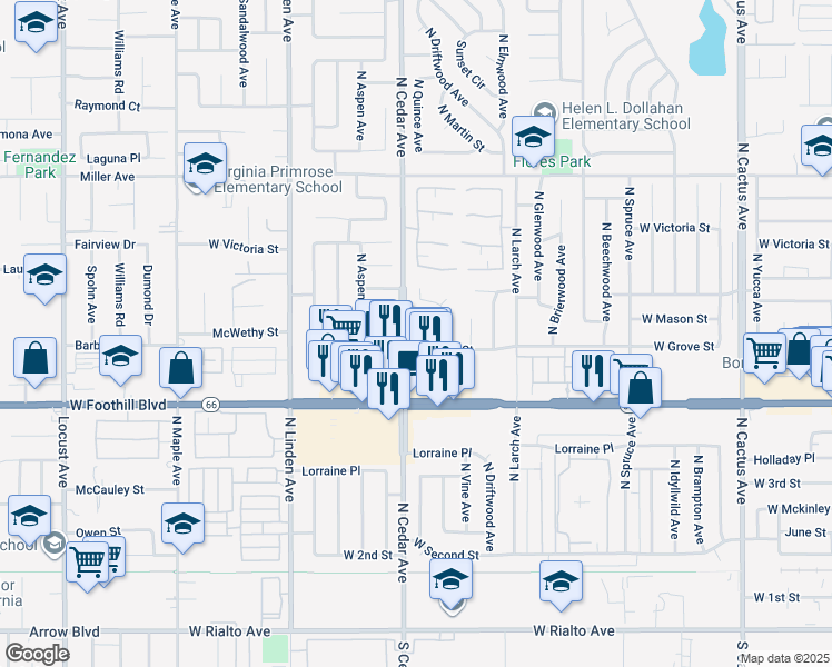 map of restaurants, bars, coffee shops, grocery stores, and more near 1288 West Grove Street in Rialto