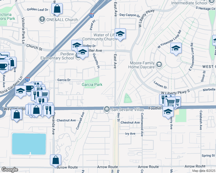 map of restaurants, bars, coffee shops, grocery stores, and more near 7928-8046 East Avenue in Rancho Cucamonga