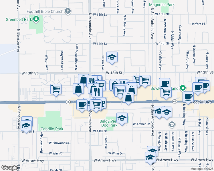 map of restaurants, bars, coffee shops, grocery stores, and more near 1086 Springfield Street in Upland