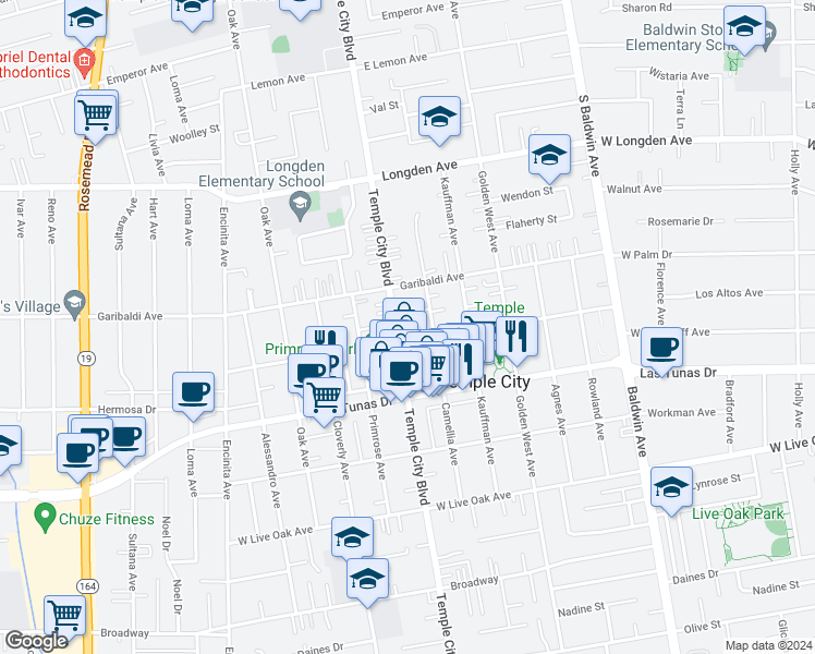 map of restaurants, bars, coffee shops, grocery stores, and more near 9622 Woodruff Avenue in Temple City