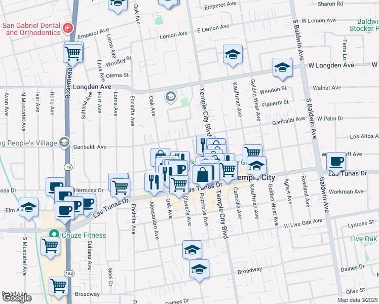 map of restaurants, bars, coffee shops, grocery stores, and more near 9523 Woodruff Avenue in Temple City