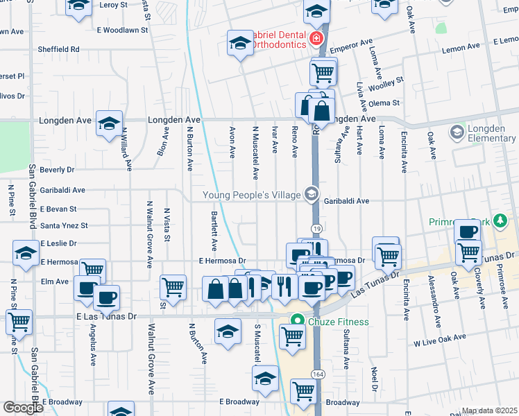 map of restaurants, bars, coffee shops, grocery stores, and more near 6030 North Muscatel Avenue in San Gabriel