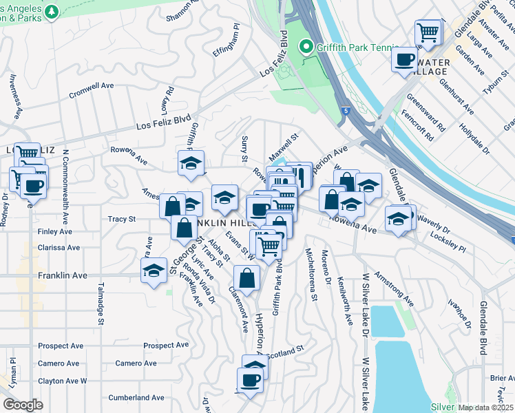 map of restaurants, bars, coffee shops, grocery stores, and more near 2820 Griffith Park Boulevard in Los Angeles