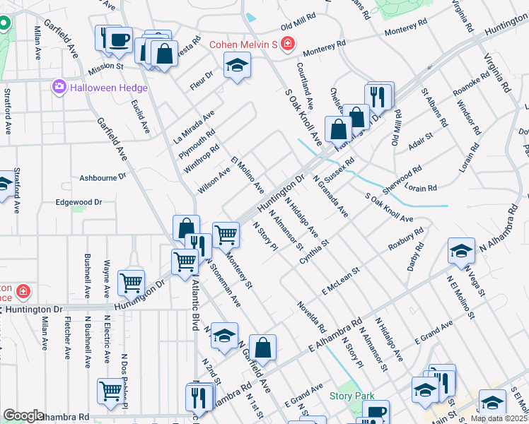 map of restaurants, bars, coffee shops, grocery stores, and more near 1217 North Almansor Street in Alhambra