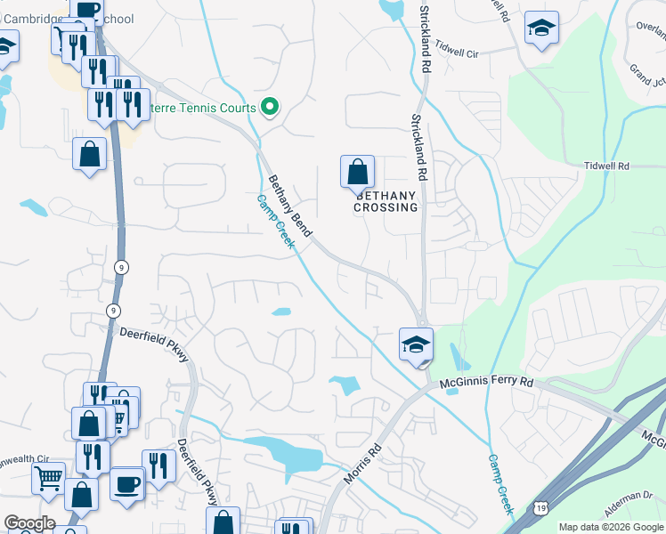 map of restaurants, bars, coffee shops, grocery stores, and more near 135 Galecrest Drive in Alpharetta