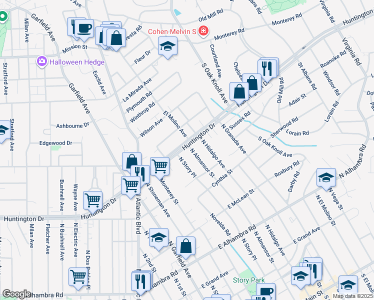 map of restaurants, bars, coffee shops, grocery stores, and more near 1217 North Almansor Street in Alhambra