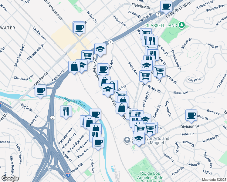 map of restaurants, bars, coffee shops, grocery stores, and more near 2606 West Avenue 30 in Los Angeles