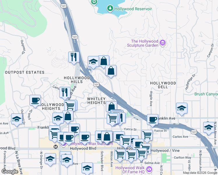 map of restaurants, bars, coffee shops, grocery stores, and more near 2111 North Cahuenga Boulevard in Los Angeles