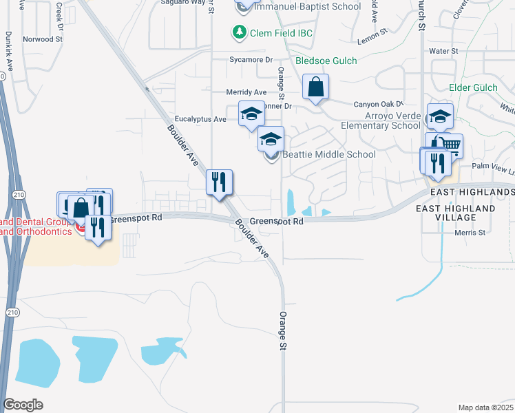 map of restaurants, bars, coffee shops, grocery stores, and more near 28434 Sunflower Street in Highland