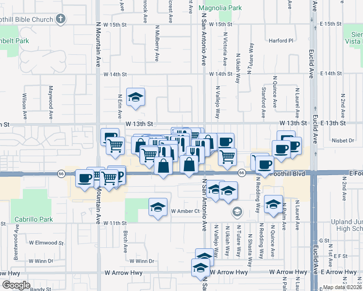 map of restaurants, bars, coffee shops, grocery stores, and more near 880 West Pine Street in Upland