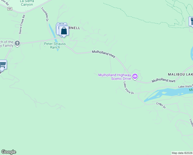 map of restaurants, bars, coffee shops, grocery stores, and more near 2036 Shadow Creek Drive in Agoura Hills